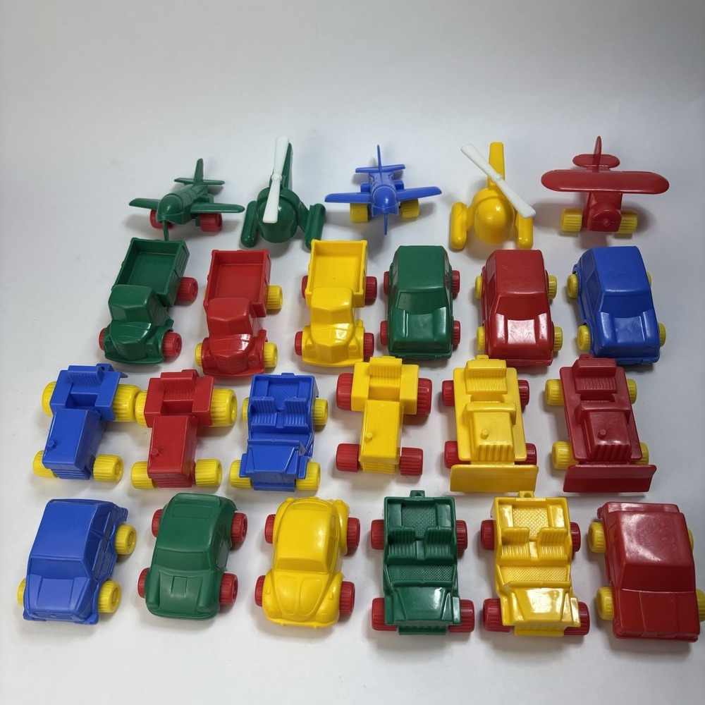 23 Vintage Flexi Toys Plastic Vehicle Lot Planes Helicopters Tractors Cars Jeep